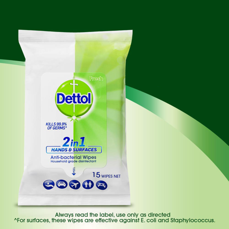 8x Dettol 2 in 1 Hand and Surface 15 Wipes 